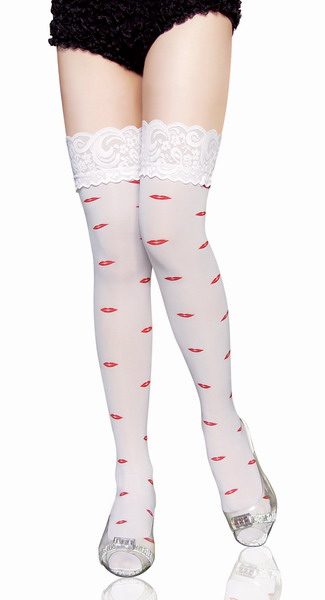 Kiss Print White Thigh High Nylon Stockings With Red Satin Bow